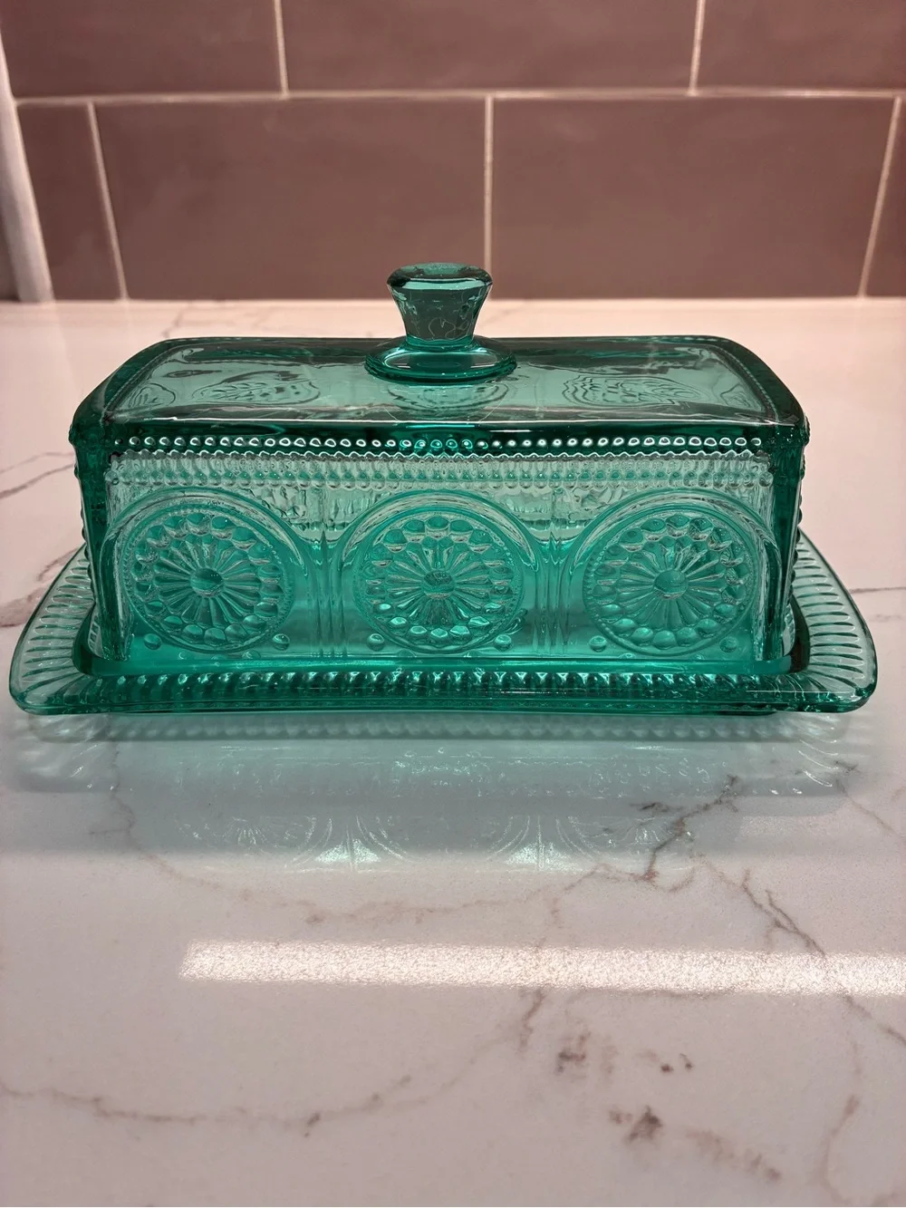 The Pioneer Woman Adeline Teal Pressed Glass Butter Dish with Lid